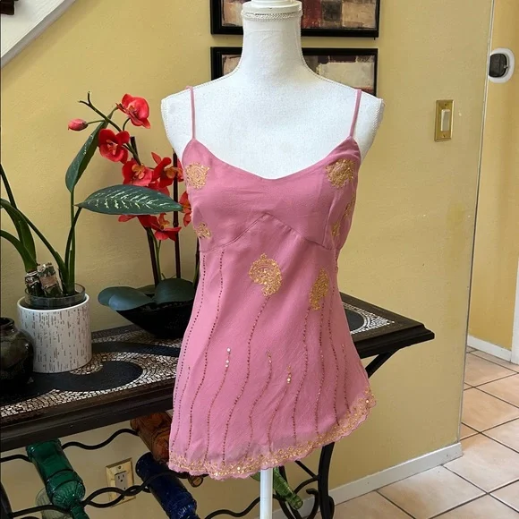Y2K 90’s🚫SOLD🚫Bead Sequins Pink Lace Fairy core Asymmetrical Hem Camisole Large - Picture 15 of 15
